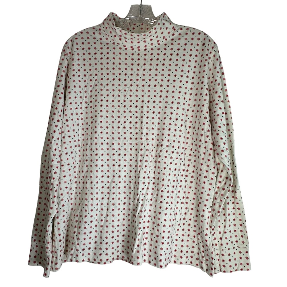 Lands End Womens 0X Mock Neck Long Sleeve Cotton Snowflake Print Top Ivory Red
